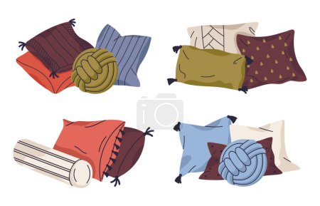 Téléchargez les illustrations : Coussins décoratifs de canapé. oreillers d'intérieur de maison textile, oreillers confortables à plumes isolé plat vecteur illustration ensemble - en licence libre de droit