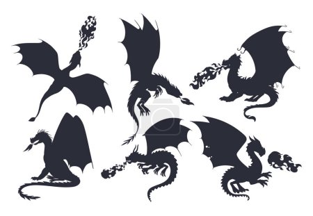 Dragons silhouettes. Flying fire breathing reptiles, medieval dragons characters. Fairy dragon silhouette flat vector illustration set