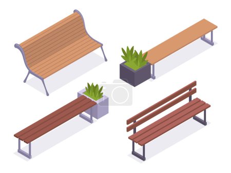Téléchargez les illustrations : Bancs en bois. Banc de jardin ou parc urbain isométrique, mobilier d'extérieur avec plantation de verdure ensemble d'illustration vectorielle 3D - en licence libre de droit