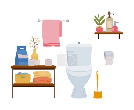 Illustration for Cartoon bathroom interior. Modern decorative washroom with toilet and sink. Bathroom interior flat vector background illustration - Royalty Free Image