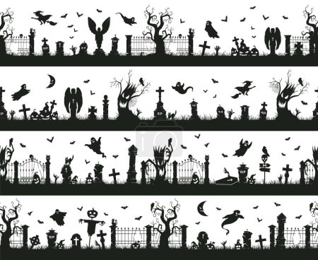 Illustration for Halloween seamless borders. Creepy halloween decorations, spooky cemetery grave stones with crosses and scary trees flat vector illustration set. Sinister landscape silhouettes - Royalty Free Image