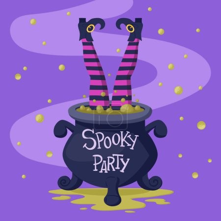 Illustration for Cartoon witch stockings legs. Halloween party poster with witch stockings legs stick out of cauldron flat vector background illustration - Royalty Free Image