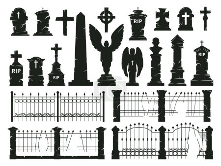 Illustration for Halloween gravestone silhouettes. Tombstones, spooky cemetery crosses and horror halloween decorations flat cartoon vector illustration set. Churchyard gravestone collection - Royalty Free Image