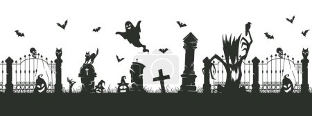 Illustration for Halloween creepy border. Spooky cemetery silhouettes, halloween decoration with scary trees and gravestones flat vector illustration - Royalty Free Image