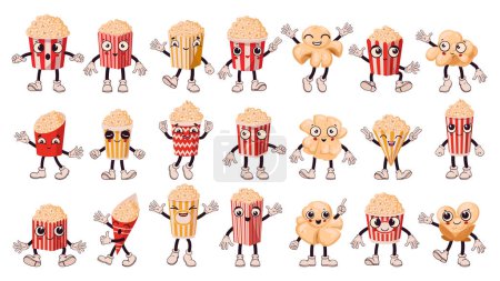 Illustration for Cartoon popcorn characters. Popping corn funny mascots with emotions, eyes and mouths flat vector illustration set. Cute popcorn emojis with hands and legs - Royalty Free Image