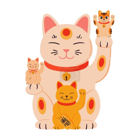 Illustration for Fortune cat. Cartoon Japanese lucky maneki neko cat, oriental traditional cat toy flat vector illustration - Royalty Free Image
