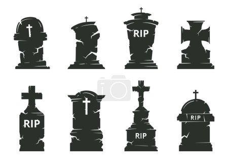 Illustration for Gravestone silhouettes. Halloween tombstones, cemetery crosses and horror halloween grave stones flat cartoon vector illustration set - Royalty Free Image