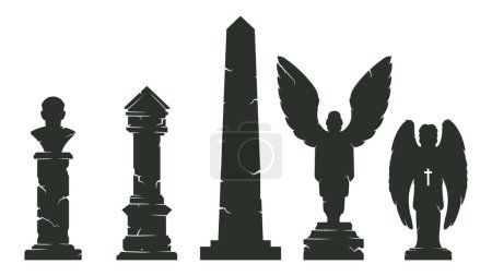 Ilustración de Siluetas de obelisco de Halloween. Tumbas del cementerio del horror, estatuas del ángel de Halloween, lápidas y monumentos ilustración plana vector de dibujos animados conjunto - Imagen libre de derechos