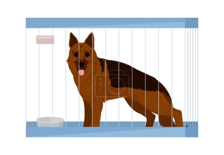 Illustration for German shepherd in dog cage. Pet shop or dog help adoption shelter, cute shepherd puppy in dog hotel flat vector illustration - Royalty Free Image