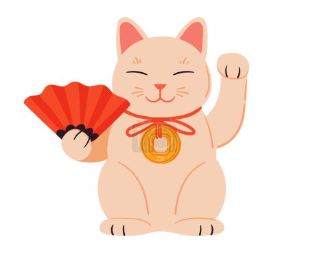 Téléchargez les illustrations : Un chat chanceux oriental. Japonais fortune maneki neko chat, richesse traditionnelle et fortune chat jouet plat vecteur illustration - en licence libre de droit