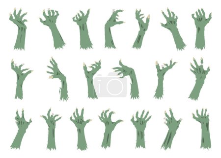 Téléchargez les illustrations : Des bras zombies effrayants. Halloween monstres mains avec de longs ongles, effrayants bras d'horreur plat dessin animé vecteur illustration ensemble - en licence libre de droit