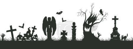 Téléchargez les illustrations : Halloween cimetière silhouette frontière. Des silhouettes de cimetière effrayantes, une décoration halloween effrayante avec des arbres effrayants et des pierres tombales illustration vectorielle plate - en licence libre de droit