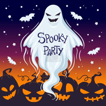 Téléchargez les illustrations : Fantôme fantôme fantôme bannière de fête d'Halloween. Citrouilles effrayantes et fantôme esprit plat vecteur illustration de fond - en licence libre de droit