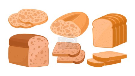 Téléchargez les illustrations : Des pains. Dessin animé produits de boulangerie de blé, pain et tranches de pain plat vecteur illustration ensemble. Boulangerie - en licence libre de droit