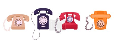 Illustration for Cartoon old vintage phones. Wired retro phones, classic rotary telephone. Old school telephone devices flat vector illustration set - Royalty Free Image