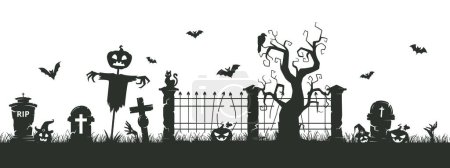 Téléchargez les illustrations : Halloween cimetière silhouette frontière. Silhouette effrayante de cimetière, décoration halloween effrayante avec des chauves-souris, des arbres et des pierres tombales illustration vectorielle plate - en licence libre de droit