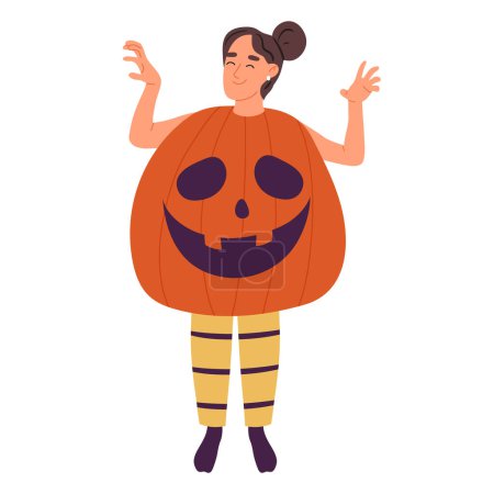 Illustration for Halloween masquerade pumpkin costume. Woman wearing funny pumpkin carnival costume. Halloween holiday party celebration flat vector illustration - Royalty Free Image