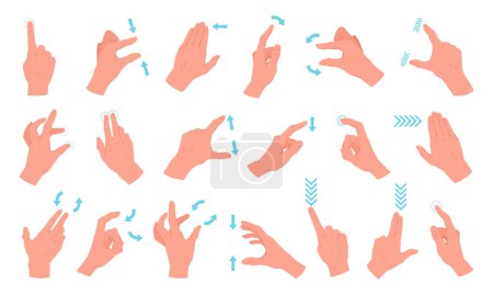 Téléchargez les illustrations : Gadget gestes tactiles écran. gestes de la main de bande dessinée, robinet d'écran de smartphone, pincer, glisser, faire pivoter et zoomer gestes plat vectoriel jeu d'illustration. Collection geste écran tactile - en licence libre de droit
