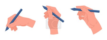 Téléchargez les illustrations : Dessin animé mains écriture avec crayon ou stylet. Dessin des mains humaines avec des outils de peinture illustration vectorielle plate - en licence libre de droit