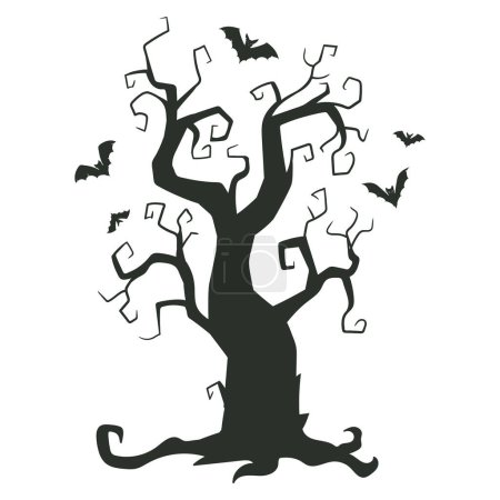 Téléchargez les illustrations : Halloween arbre effrayant. Illustration vectorielle plate d'arbre d'horreur de bande dessinée et de chauve-souris. Arbre effrayant d'Halloween - en licence libre de droit
