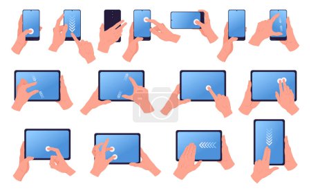 Téléchargez les illustrations : Des gestes tactiles à l'écran. Les mains de bande dessinée tenant et utilisant le smartphone et la tablette, appuyez sur, balayez, pincez, zoomez et faites pivoter les gestes plat vectoriel illustration ensemble. Gadgets mains gestes collection - en licence libre de droit