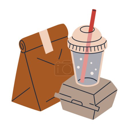 Illustration for Cartoon fast food. Disposable paper bag, box and plastic cup, take away food and drink flat vector illustration - Royalty Free Image