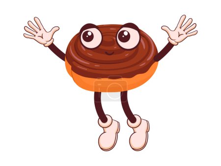 Illustration for Chocolate bun mascot. Cartoon funny pastry emoji with face, arms and legs flat vector illustration. Cute bakery character - Royalty Free Image