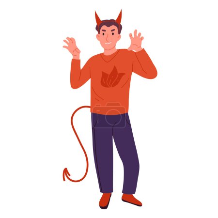 Illustration for Halloween party devil costume. Man wearing funny devil masquerade costume. Halloween holiday party celebration flat vector illustration - Royalty Free Image