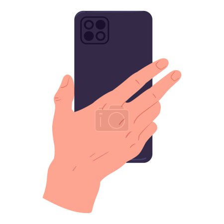 Ilustración de Mano sosteniendo smartphone. Teléfono móvil de dibujos animados en la mano humana ilustración vector plano. Mano aislada con gadget - Imagen libre de derechos