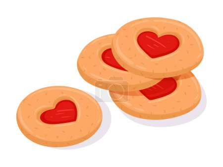 Illustration for Cartoon cherry thumbprint cookies. Heart jam cookies with drop of jam. Heart linzer cookies for Valentine's day flat vector illustration - Royalty Free Image