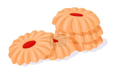 Illustration for Cartoon kurabiye cookies. Shortbread cookies with drop of jam, homemade Arabic dessert, tasty bakery product flat vector illustration - Royalty Free Image