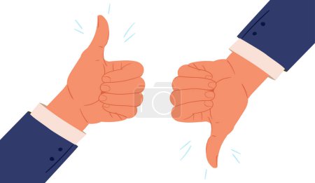 Illustration for Cartoon thumb up and down gestures. Businessman hands with thumb up and down sign, agree and disagree, positive and negative gestures flat vector illustration - Royalty Free Image