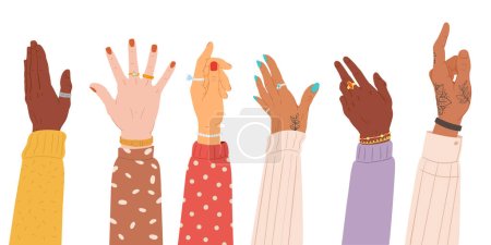 Illustration for Human hands. Cartoon diverse arms raised up, different skin colours hands flat vector illustration set. Hands gestures collection - Royalty Free Image