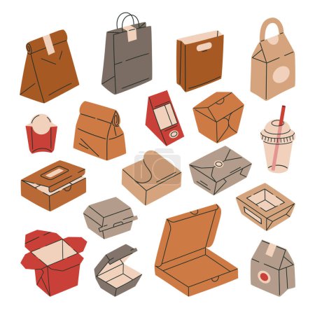 Téléchargez les illustrations : Conteneurs de livraison de nourriture en carton. Emballage alimentaire à emporter en papier, sacs en carton et boîtes. Ensemble d'illustrations vectorielles plates Fast Food wrappers - en licence libre de droit