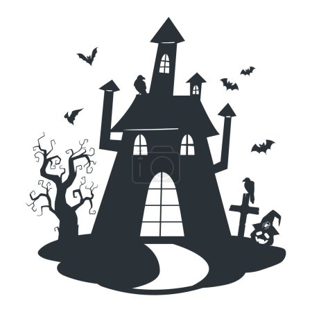Illustration for Cartoon haunted house silhouette. Halloween spooky ghost house, creepy monsters haunted castle. Scary house with ghosts flat vector illustration - Royalty Free Image