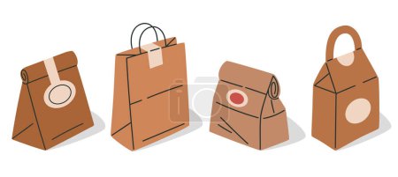 Téléchargez les illustrations : Emballage de livraison alimentaire. Sacs à provisions en carton, sacs en carton alimentaire à emporter. Emballages pour articles de détail set d'illustration vectoriel plat - en licence libre de droit