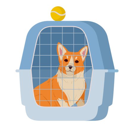 Illustration for Cartoon corgi in dog cage. Dog help adoption shelter or pet shop, pembroke welsh corgi puppy in dog hotel flat vector illustration - Royalty Free Image