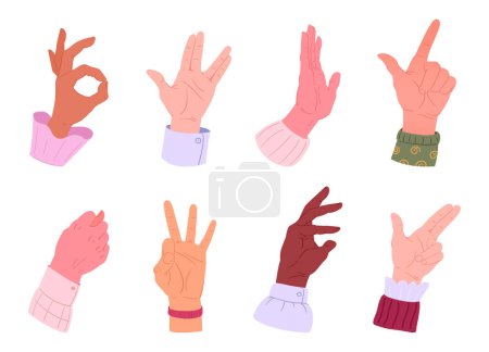 Illustration for Cartoon hands gestures set. Human hand palms with different gestures and skin colours. People hands flat vector illustration collection - Royalty Free Image