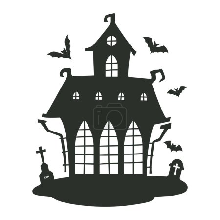 Téléchargez les illustrations : Dessin animé maison hantée. Halloween fantôme effrayant silhouette de maison, monstres effrayants hanté vieux château plat vecteur illustration. Maison avec fantômes - en licence libre de droit