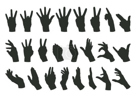 Téléchargez les illustrations : Les mains gestes silhouettes. Dessin animé mains humaines signes, appel, ok, index et positions de paix. Jeu d'illustration vectoriel plat en langue des signes - en licence libre de droit