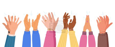 Illustration for Human hands applauding. Cartoon applause hands, people clap their hands, greeting or ovation gesture flat vector illustration set. Clapping hands - Royalty Free Image