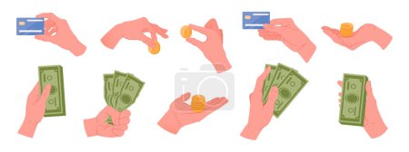 Téléchargez les illustrations : Les mains tenant de l'argent. Dessin animé mains humaines avec argent comptant, billets de banque, cartes de crédit et pièces d'or plat vectoriel illustration ensemble. Les mains retiennent le dollar en espèces - en licence libre de droit