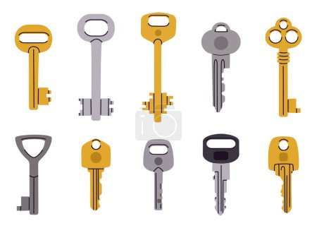 Illustration for Cartoon door keys. Vintage and modern key, home, apartment, car or mail box keys. Hand drawn keys flat vector illustration set - Royalty Free Image