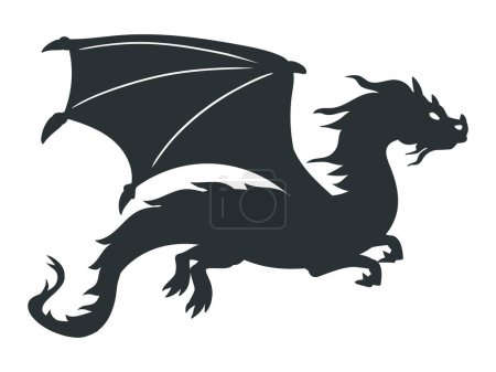 Illustration for Cartoon dragon silhouette. Flying fire breathing reptile, winged medieval dragon. Fairy dragon flat vector illustration - Royalty Free Image