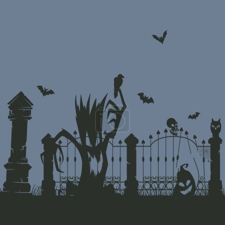 Téléchargez les illustrations : Affiche de silhouette de cimetière Halloween. silhouettes de cimetière effrayant, décoration halloween effrayant avec des pierres tombales effrayantes, des arbres et des chauves-souris dessin animé plat vecteur illustration - en licence libre de droit