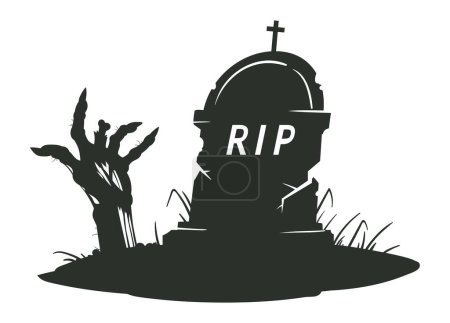 Illustration for Halloween tombstone with zombie hand. Cartoon gravestone silhouette, monster scrawny arm sticking out of cemetery ground. Horror halloween gravestone flat vector illustration - Royalty Free Image