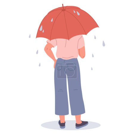 Ilustración de Mujer bajo paraguas. Personaje femenino en tiempo lluvioso, chica por detrás escondida bajo paraguas vector plano Ilustración - Imagen libre de derechos