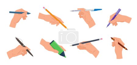 Téléchargez les illustrations : Des mains de dessin animé tenant des outils d'écriture. Crayon, stylo, marqueur de surbrillance et stylet numérique dans les mains humaines ensemble d'illustration vectorielle plate. Les mains tiennent les outils de papeterie - en licence libre de droit