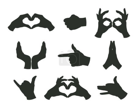 Téléchargez les illustrations : Les mains gestes silhouettes. Dessin animé mains humaines signes, cœur, appel et prière geste plat vecteur illustration ensemble - en licence libre de droit