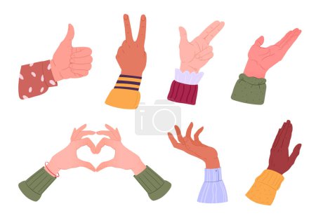 Ilustración de Gestos de manos humanas. Manos de dibujos animados con diferentes gestos y colores de la piel, la gente palmeras plana vector conjunto de ilustración - Imagen libre de derechos